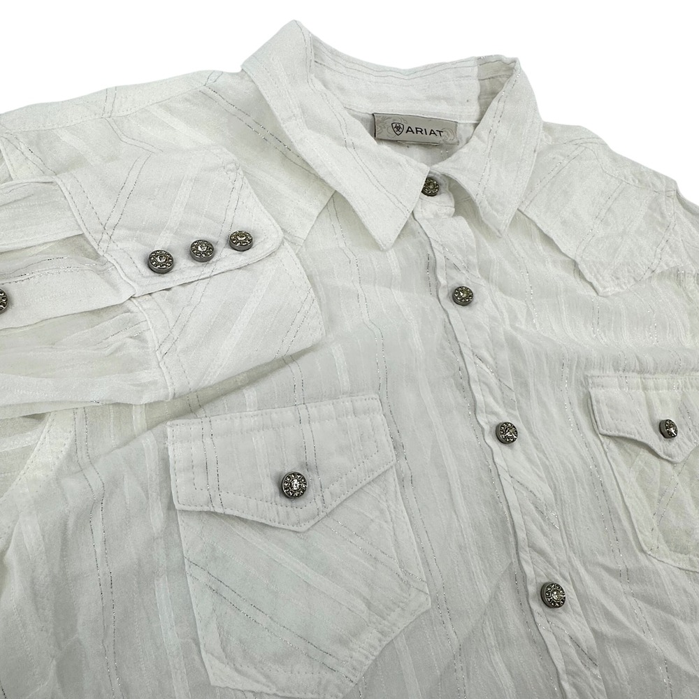 Ariat Womens White Metallic Silver Thread Western Pearl Snap Shirt 10016582